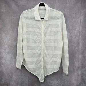 Button Up Blouse One Grey Day White Collar Long Sleeve Tie Front XS